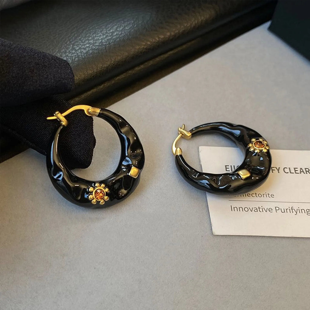 Hong Kong style retro ear studs with rhinestone inlay in black and red colour options