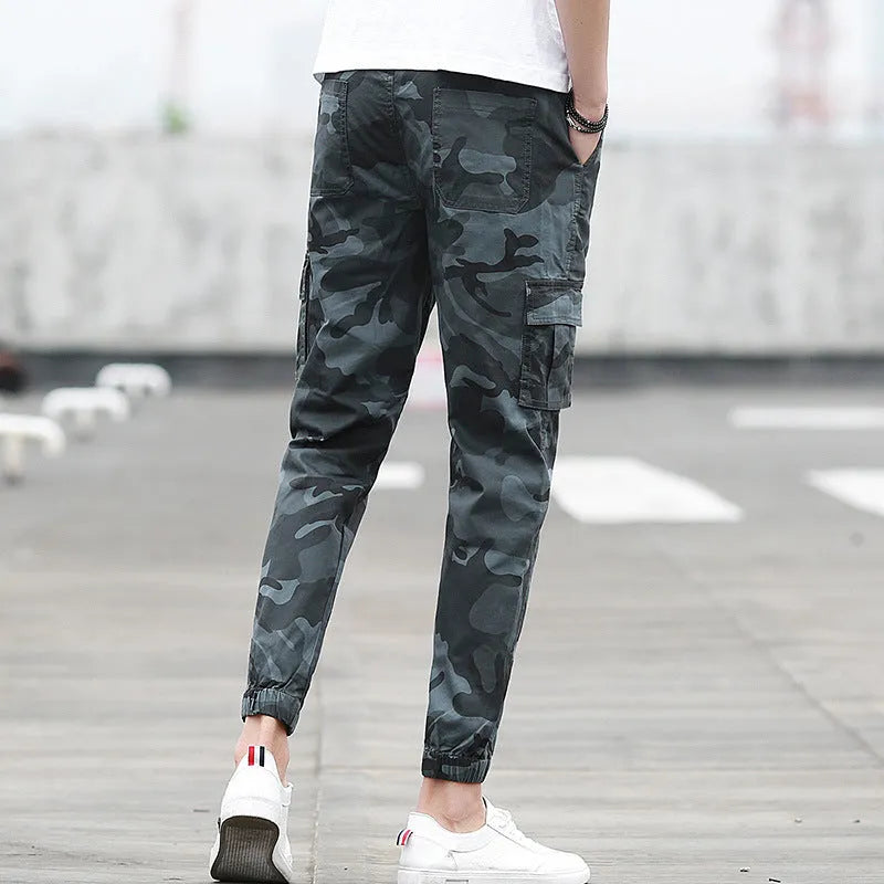Men's camouflage multi-pocket nine-tenths cargo pants with elastic waist in army green colour
