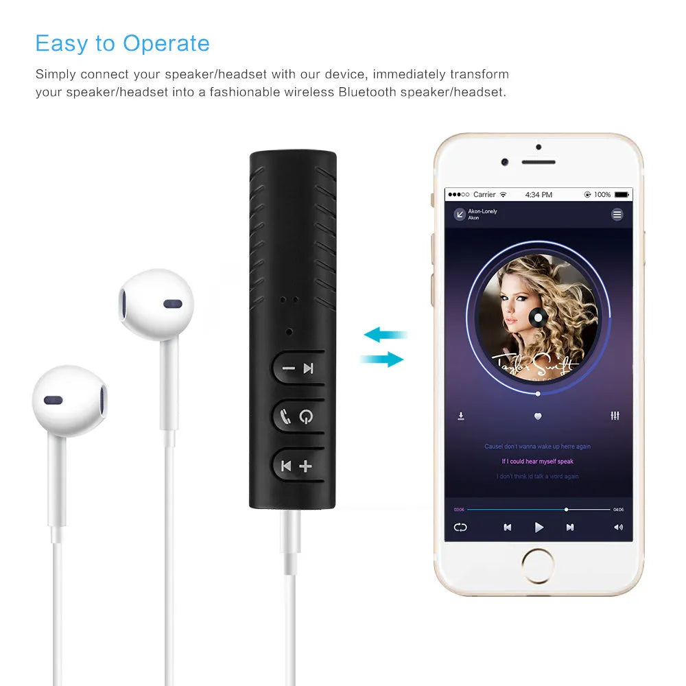 Black Bluetooth car audio receiver adapter with 3.5mm AUX connection for wireless music streaming