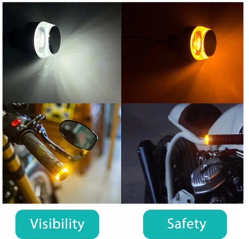 Motorcycle handlebar LED turn signal light set in white yellow with ABS housing and DC 12V voltage for motorbike, ATV, and scooter