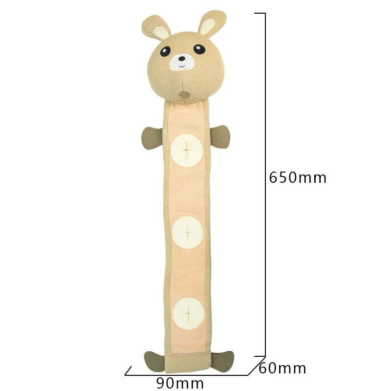 Plush poached bunny dog toy with food hiding compartments and soundmaking features