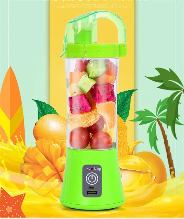 Blue portable electric handheld juicer with USB charging port and 400ml measurement markings on cup.