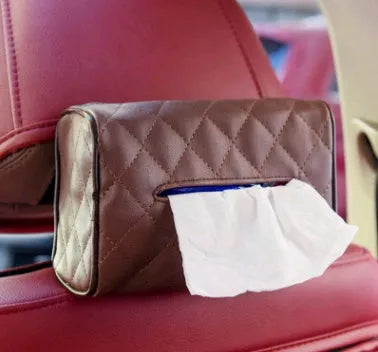 Leather car hanging tray tissue box holder in beige on sun visor measuring 17cm length
