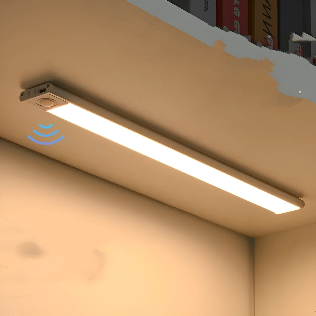 Thin rechargeable human body sensing light bar with aluminium alloy lampshade, silver or black trichrome, 20cm to 80cm.