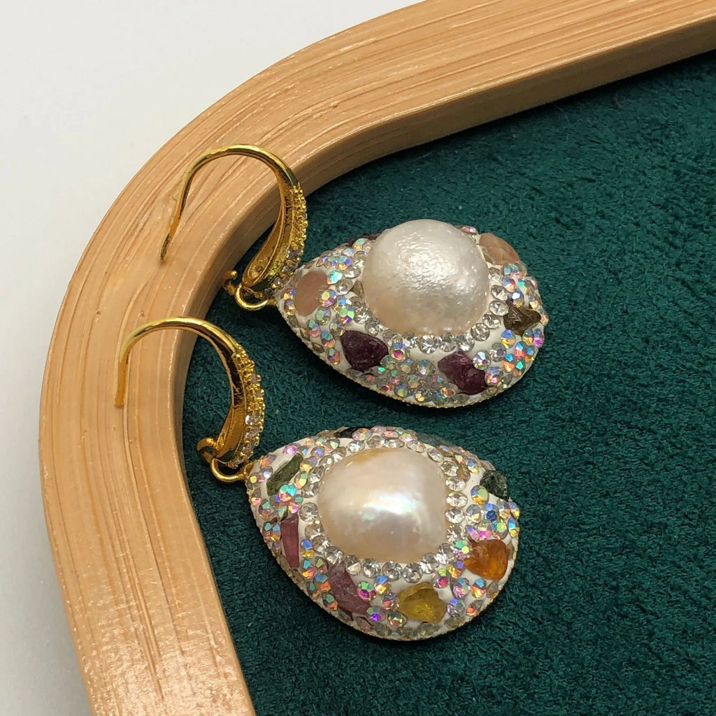 Natural freshwater pearl teardrop earrings for women with copper setting and colourful diamond inlay