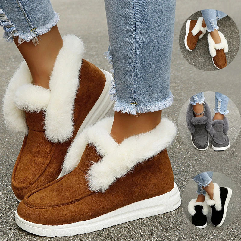 Cozy winter ankle boots for women with plush faux fur lining and suede upper in black, grey, and brown colors