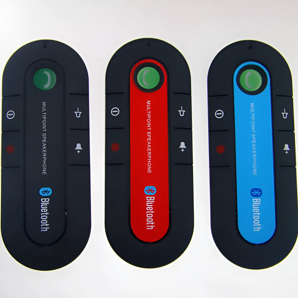 Black vehicle-mounted Bluetooth handsfree unit clipped to a car sun visor, with car charger and cable.