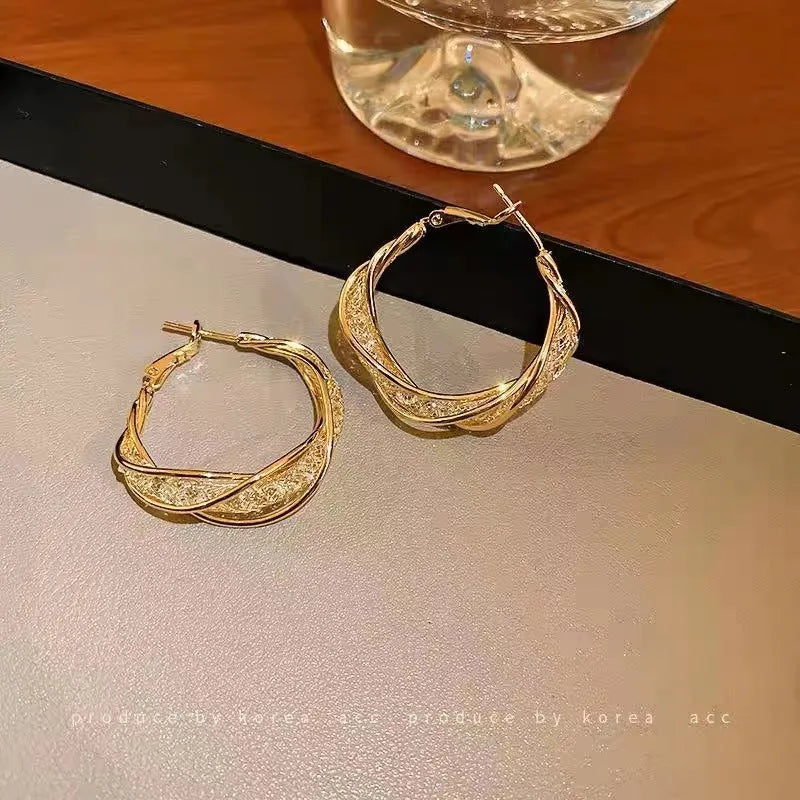 Mixed material mesh crystal and silver geometric ring shape earrings for women electroplated finish