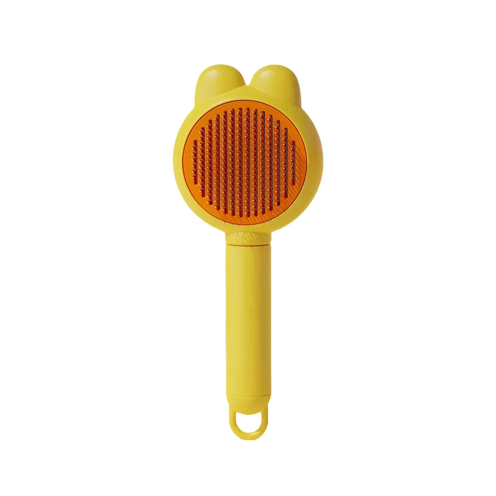 Self-cleaning pet brush with coloured comfort-grip handle and metal comb, shown with release button activated.