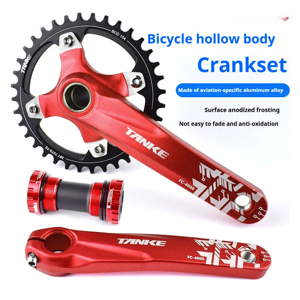 Mountain bike GXP crank set with aluminium alloy tooth plate and steel central shaft in black, red or purple