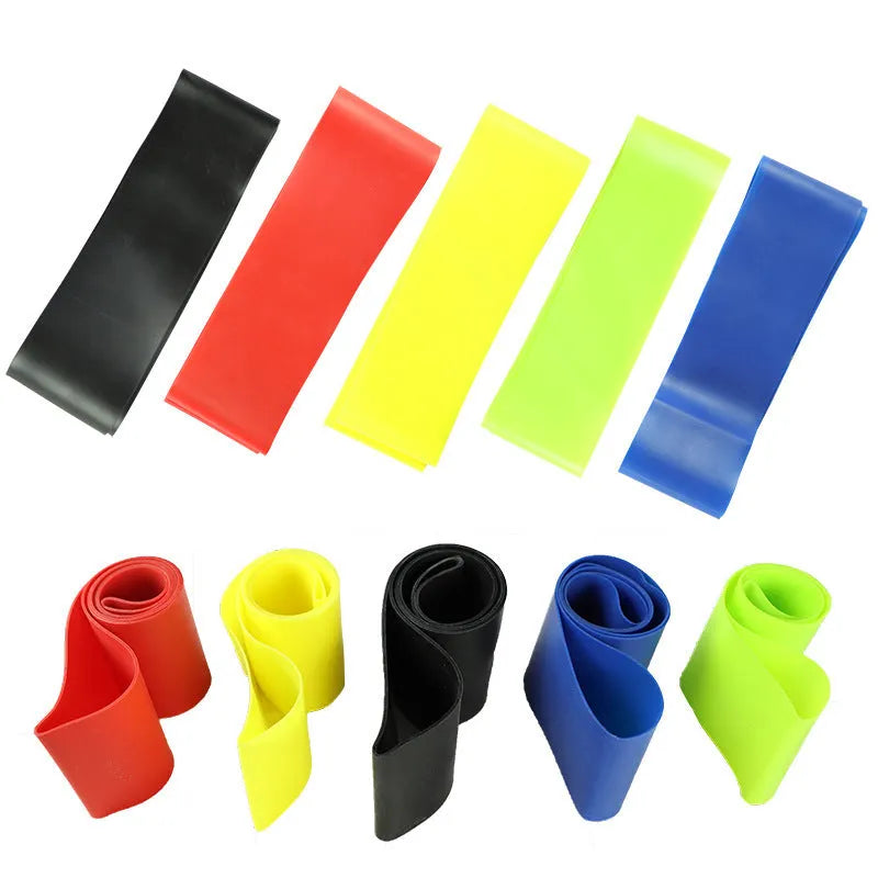 Five TPE resistance bands set for legs and butt exercise with cloth bag and manual, colour options.