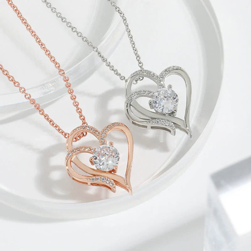 Personalized heart-shaped necklace with sparkling rhinestones, available in white gold or rose gold finishes