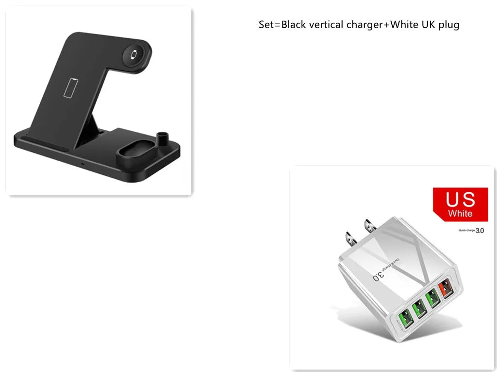 Black 4-in-1 wireless charging station with phone on adjustable stand, charging Apple Watch, AirPods, and Apple Pencil.