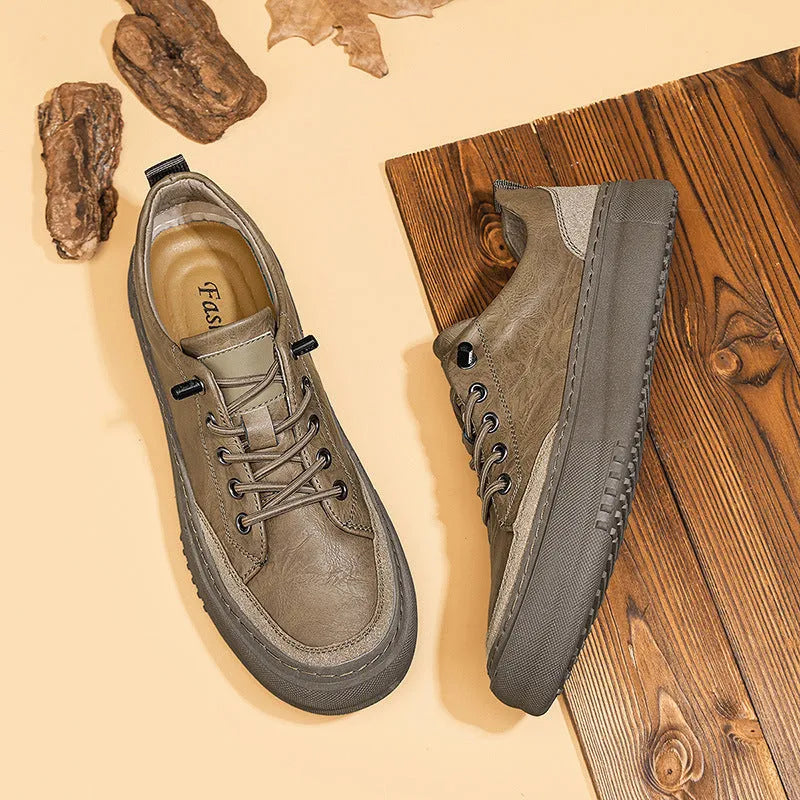 Men's black round toe lace-up casual shoes with a microfiber upper and flat rubber sole.