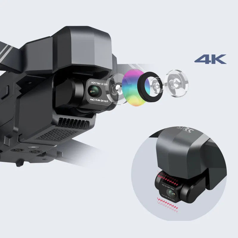 Black F11s PRO folding drone with 4K camera, shown both expanded for flight and folded for storage