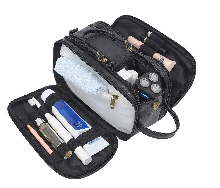 Black and brown solid colour men's PU leather toiletry bag for travel.