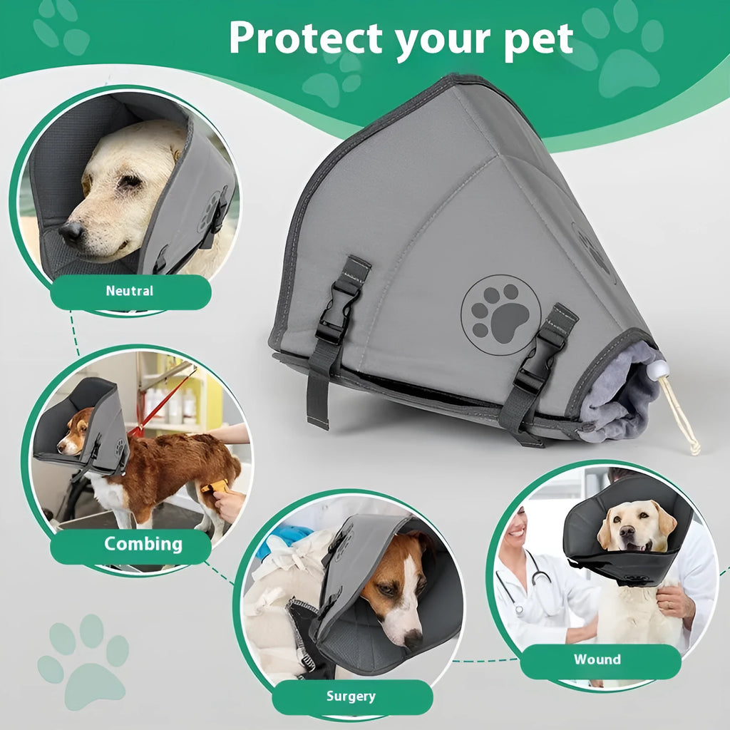 A soft, fabric pet sterilisation collar shown in an adjustable ring design.