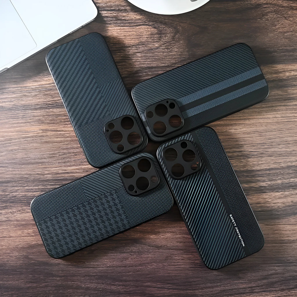 Black creative anti-fall imitation leather phone case for iPhone with wave pattern, shockproof and fingerprint-proof design.