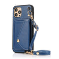 Imitation leather iPhone back cover with 3D coin purse, card slot and messenger rope in black, blue, khaki or red.