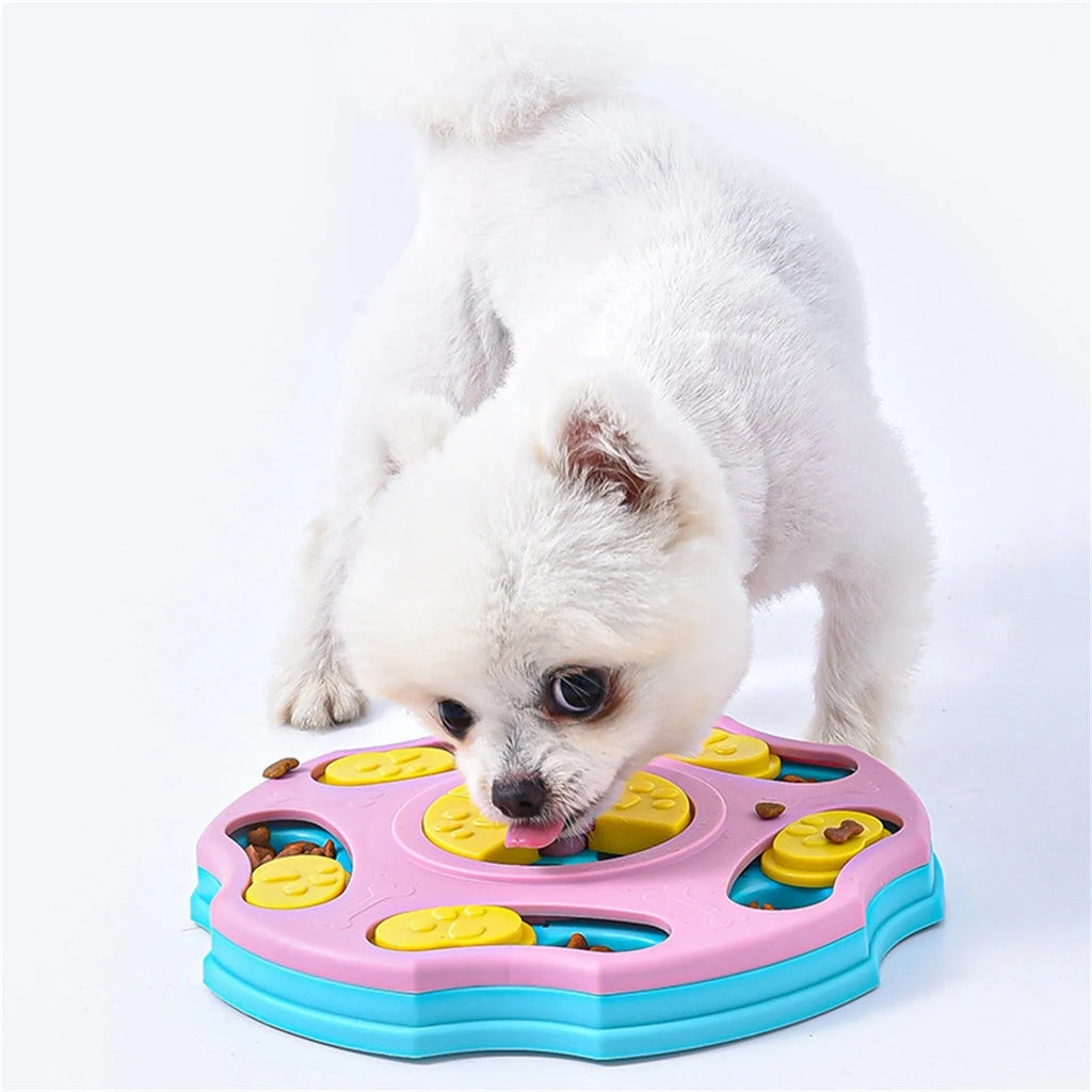 Blue dog puzzle food feeder toy with interactive compartments for slow feeding and mental stimulation
