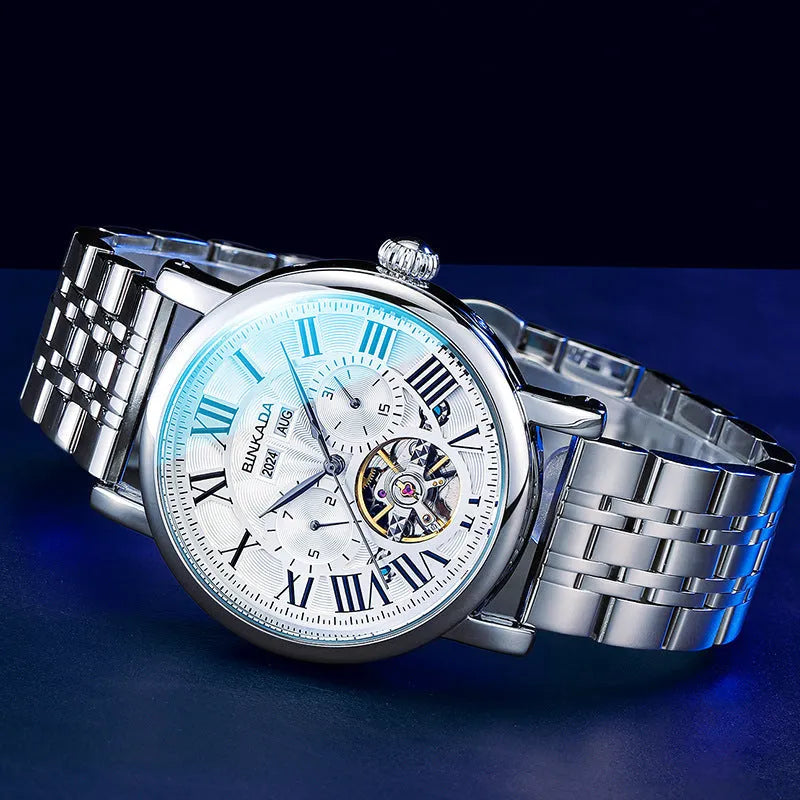 Men's automatic waterproof watch with steel bracelet in business style design