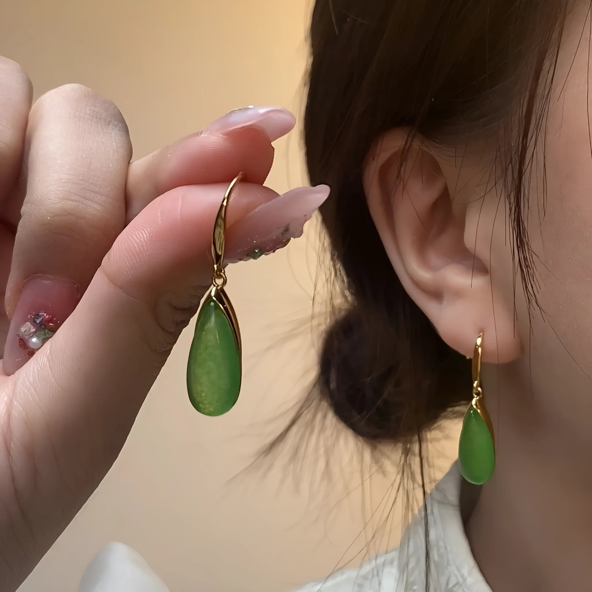 Geometric Chinese style earrings with water droplet design in CP798 jade colour