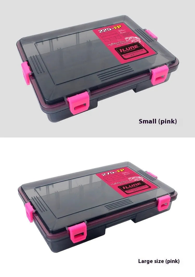 Luya fishing lure bait storage box in durable clear plastic, shown in blue, green, orange, and pink colour options.