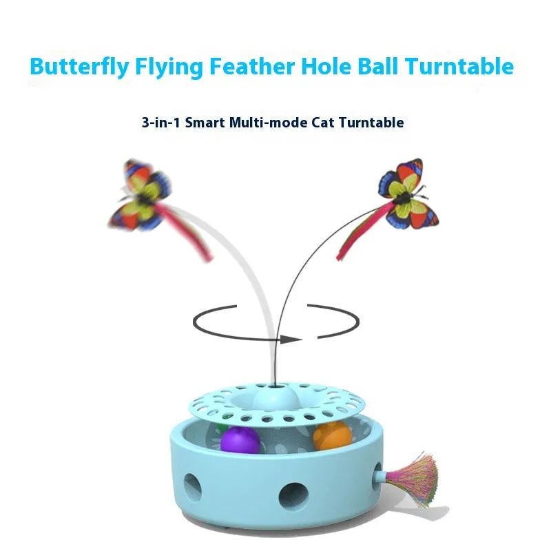 Pink and white ABS PP electric three-in-one cat toy with turntable, butterfly feather, and excavator movement