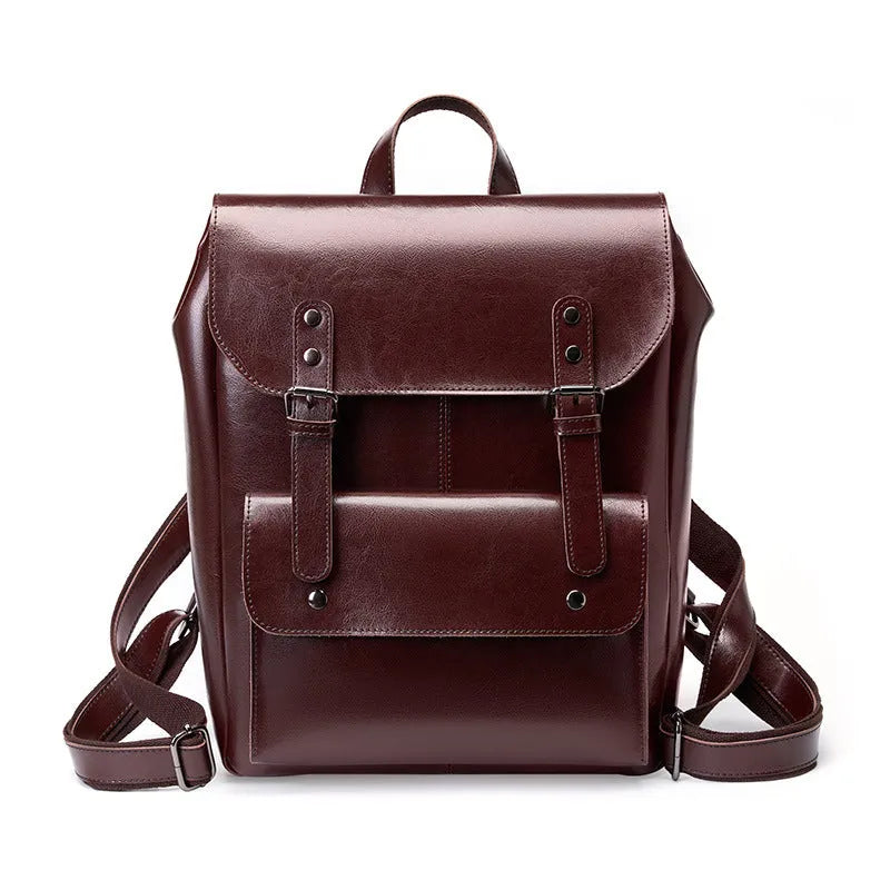 Genuine cowhide leather women's computer backpack in black, brown, or coffee colour.