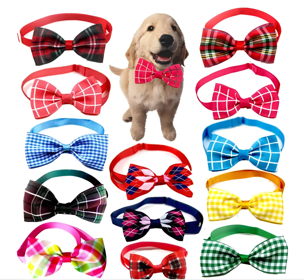 Plaid polyester pet scarf with adjustable collar and bow tie on a cat, eight colour options available