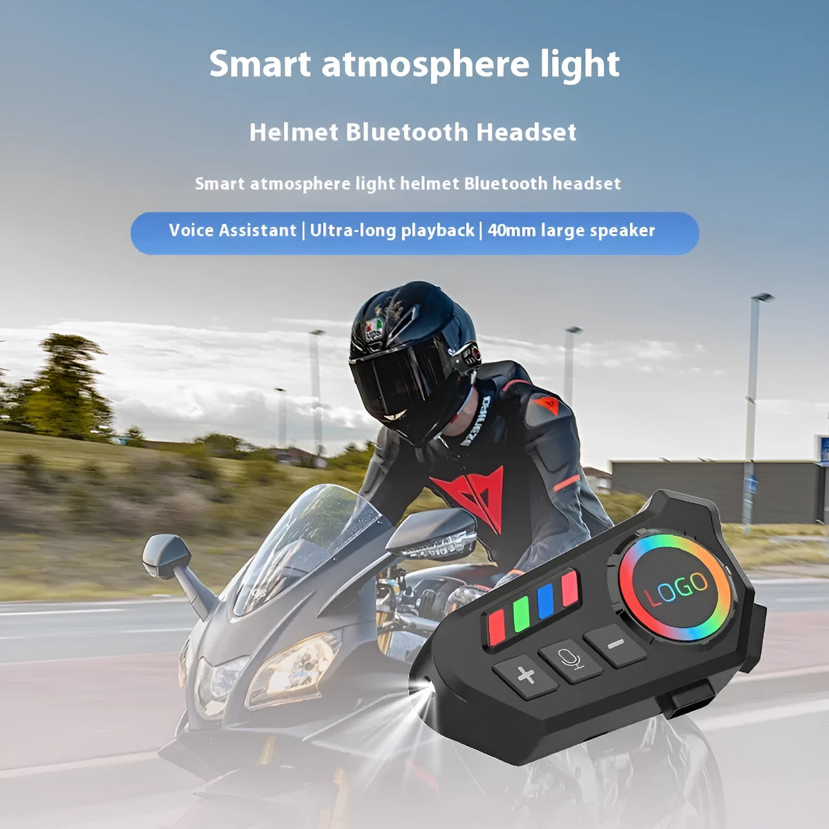 Motorcycle helmet Bluetooth headset with 10 metre range, 8 hour battery, PC ABS build, microphone, and mounting accessories
