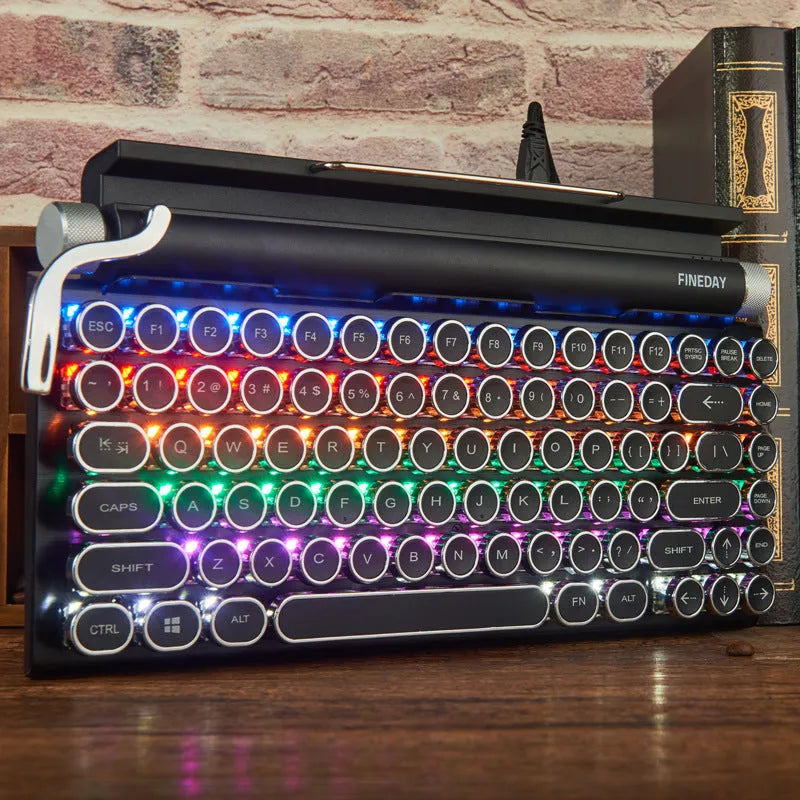 Black retro typewriter mechanical keyboard with RGB backlight and Bluetooth connectivity