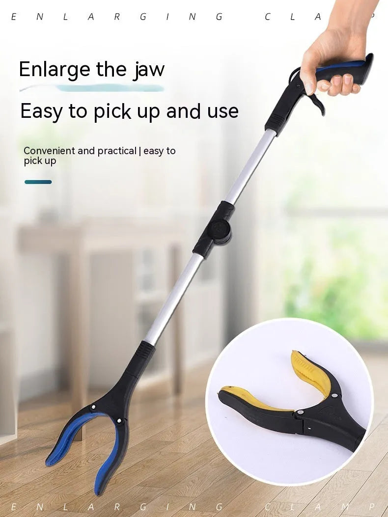 Foldable silver aluminium garbage clamp with blue handle, shown extended and with magnet sucker.