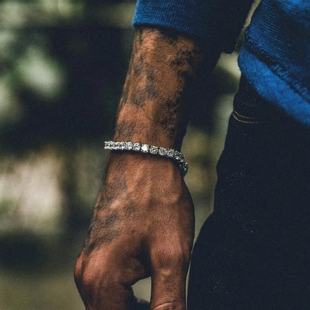 Men's geometric hip hop bracelet with iced-out zirconia rhinestones and tennis charm on chain link