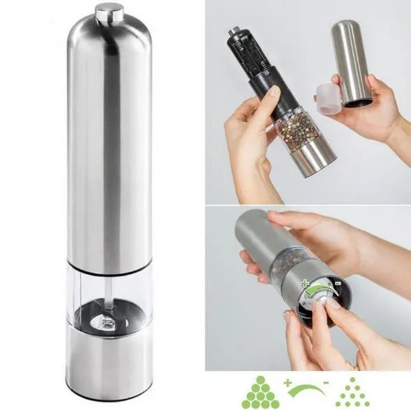 Stainless steel electric pepper grinder mill in natural colour, shown upright.
