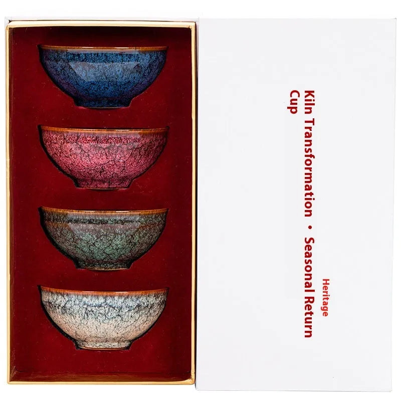 Four ceramic tea cups in a light colour finish arranged in a gift box, new Chinese style design