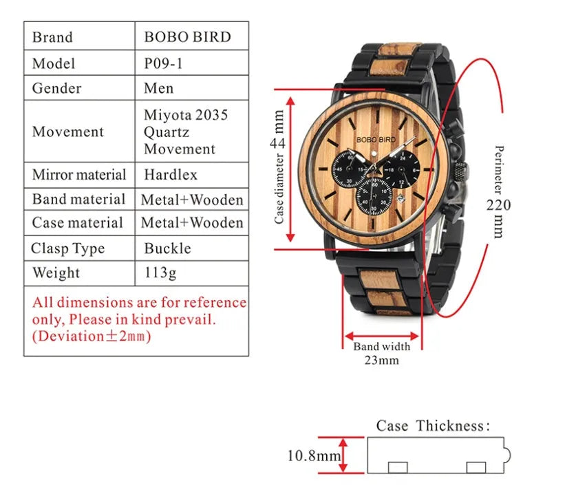 BOBO BIRD Q09 wooden men watch with natural wood case, 44mm dial, and chronograph subdials