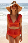 Ruffled swimwear in red with lotus leaf skirt and steel pad support for swimming