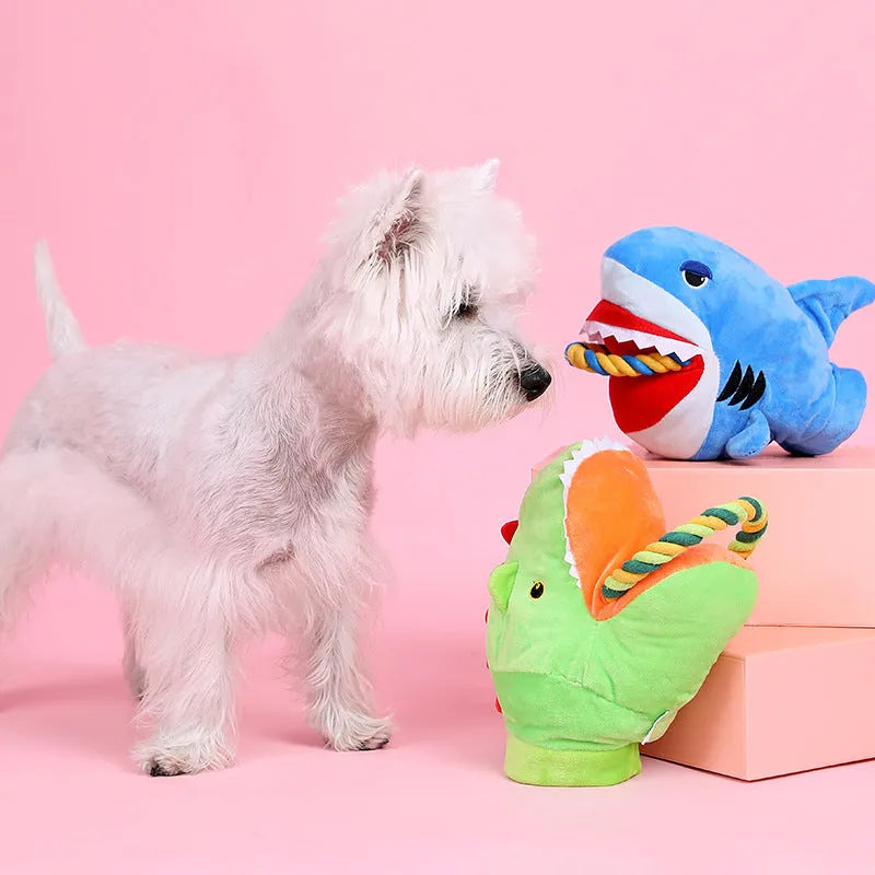 Soft plush monster shark dog toy for pet cuddles and gifting