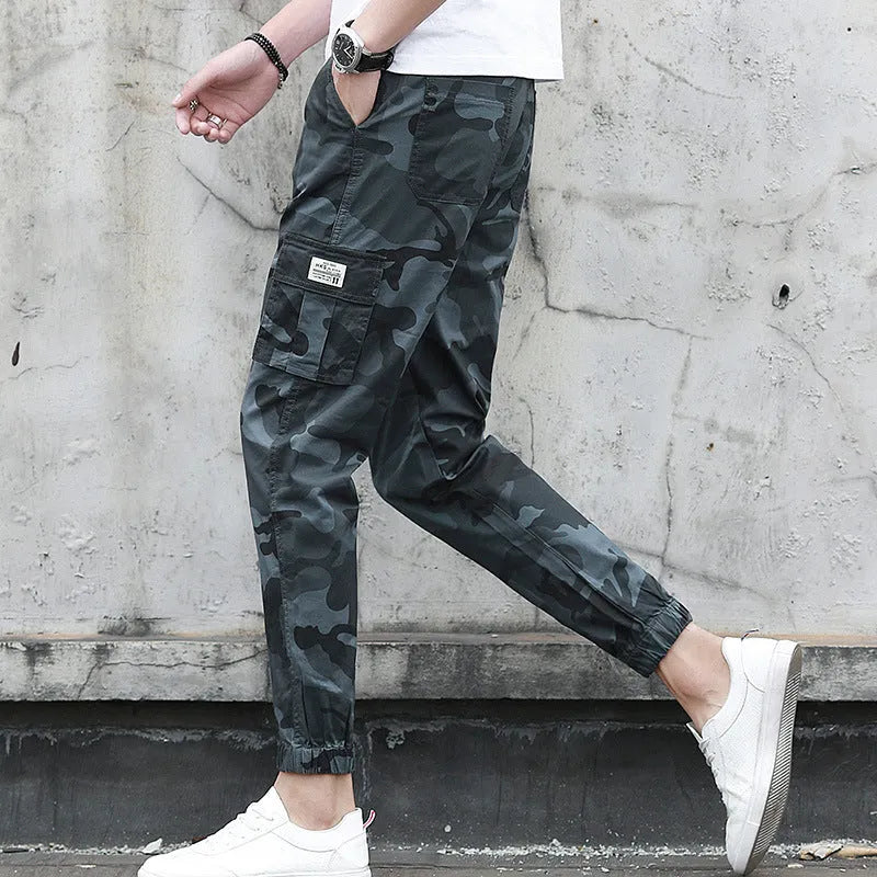 Men's camouflage multi-pocket nine-tenths cargo pants with elastic waist in army green colour