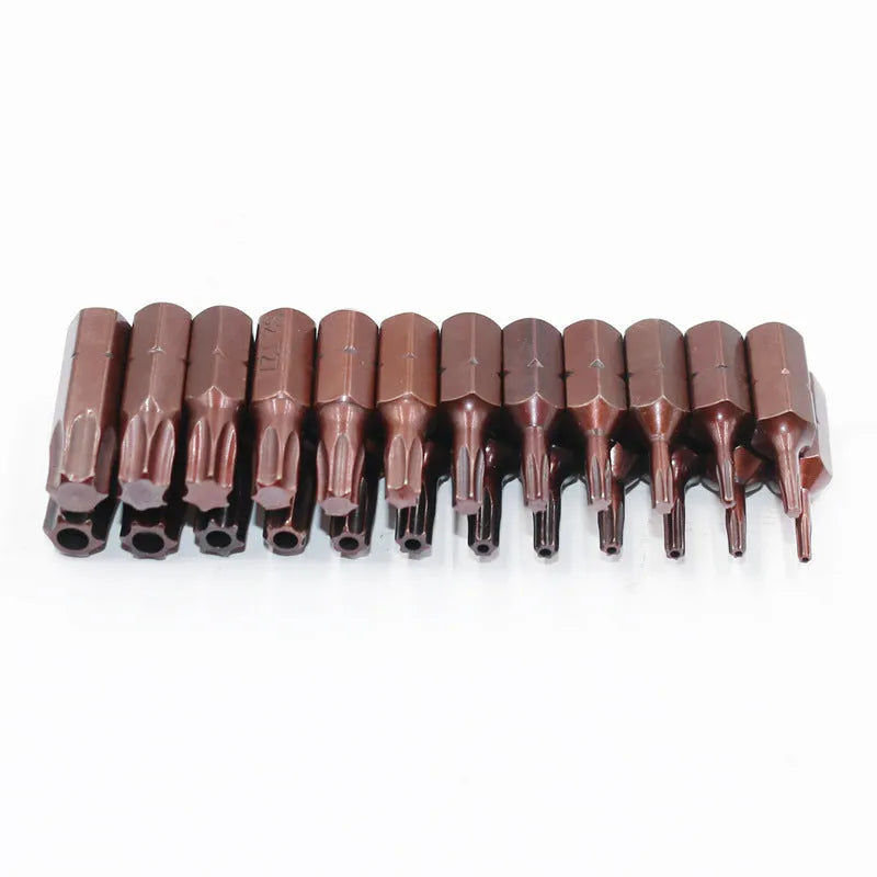 12-piece black magnetic screwdriver bit set showing T6 to T40 tips with hexagon shanks