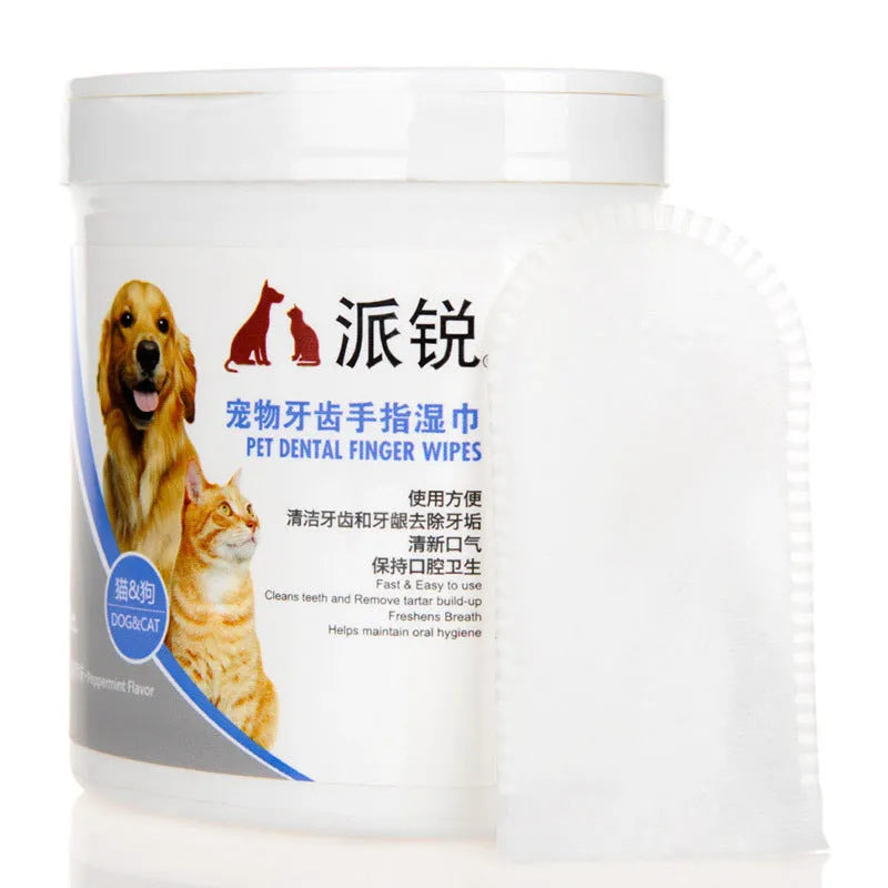 Pet cleaning wipes pack with finger sleeve design in compact bottle for oral, eye, and ear care