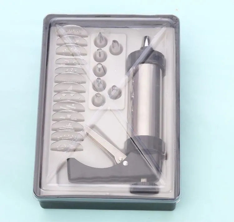 Stainless steel biscuit press cookie machine with 13 moulds and 8 nozzles in a gift box