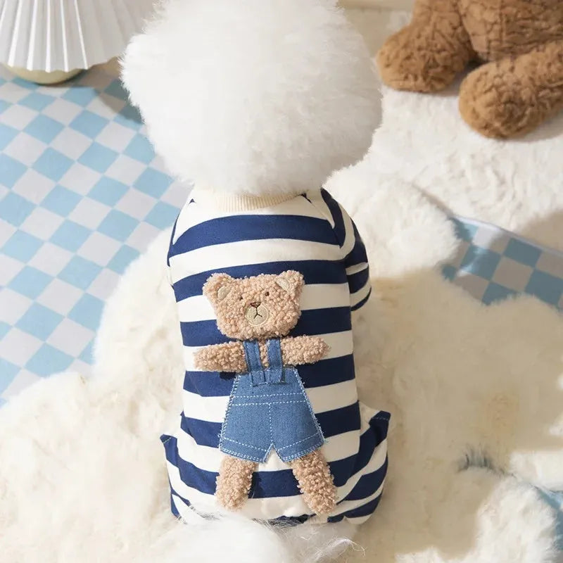 Cute bear striped four-legged dog pyjamas in blue for small to medium pets