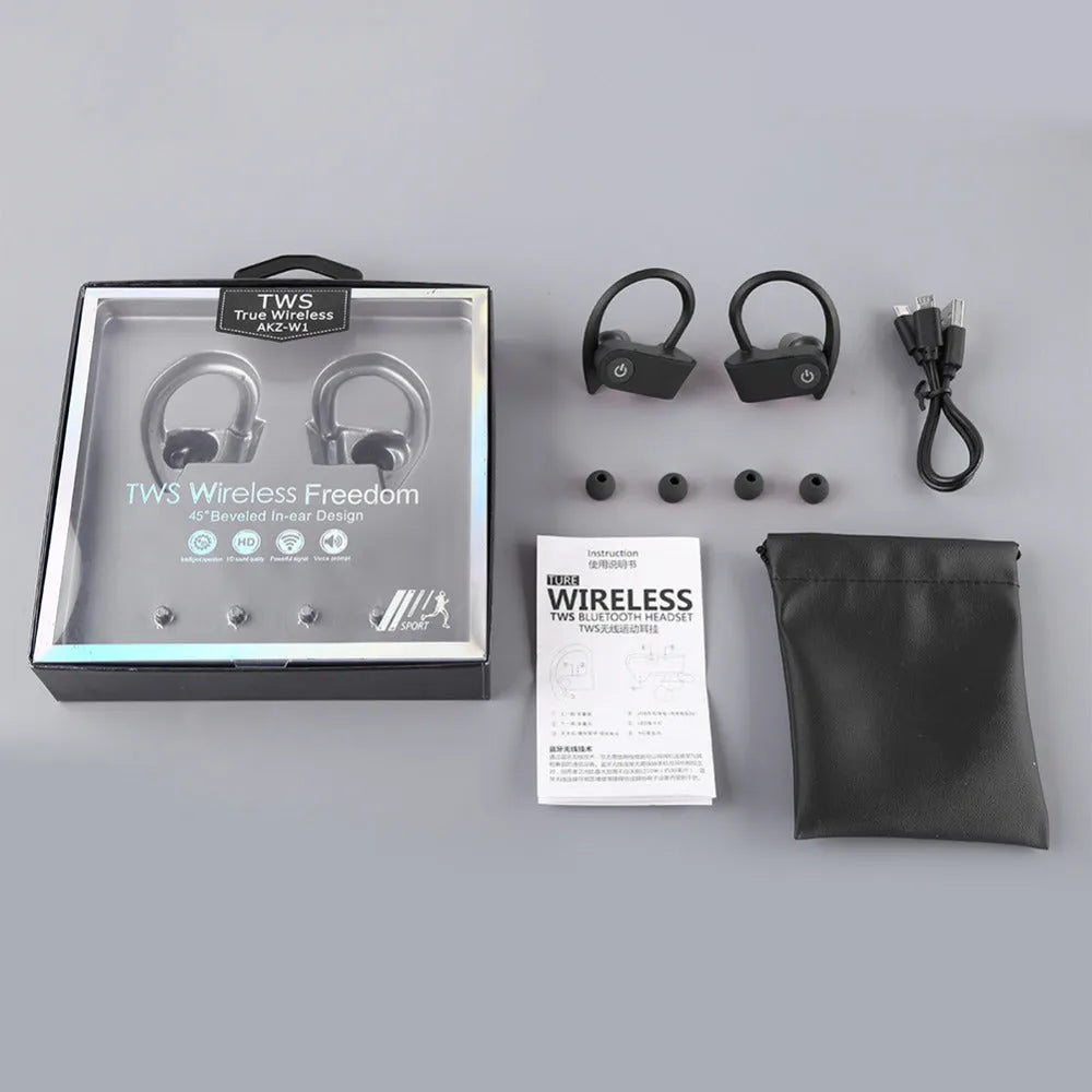 Black, grey, and red V5.0 Bluetooth wireless earphones with an ergonomic in-ear design.