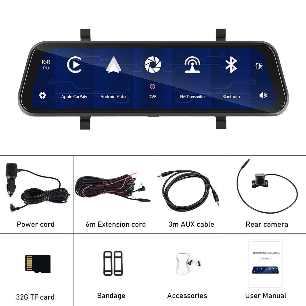 9.66-inch in-mirror car display showing split-screen view from front dashcam and waterproof rear camera.