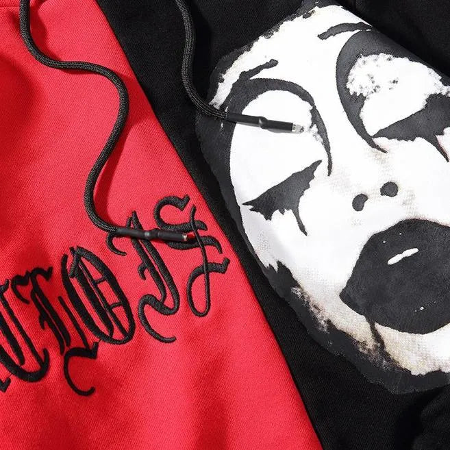 Oberlo hoodie in black and red cotton blend fabric, front view with drawstring hood and pocket