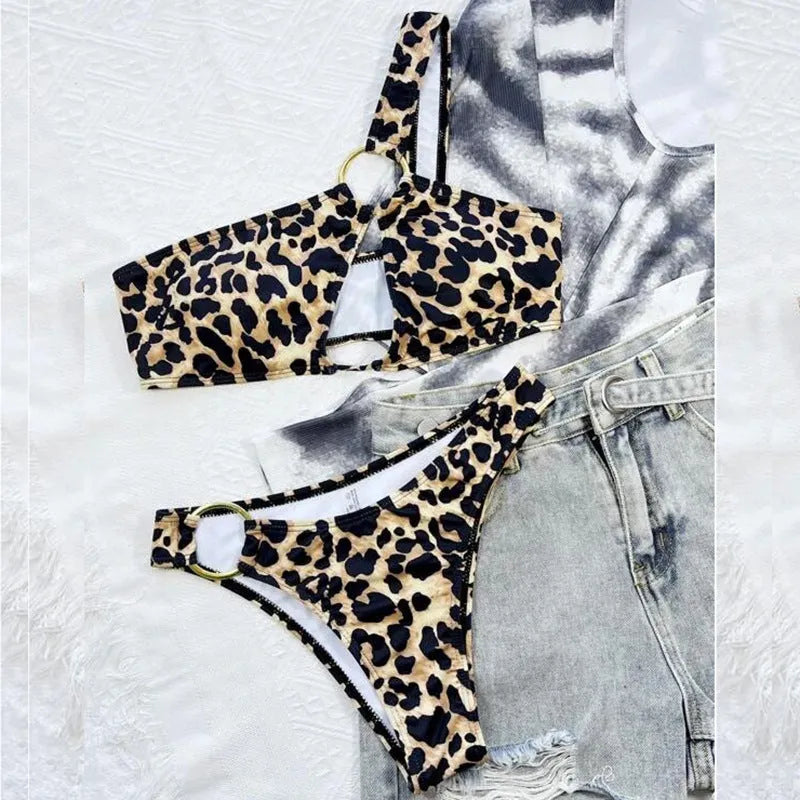 Women's bikini set with hollow leopard print and polka dot pattern in nylon fabric