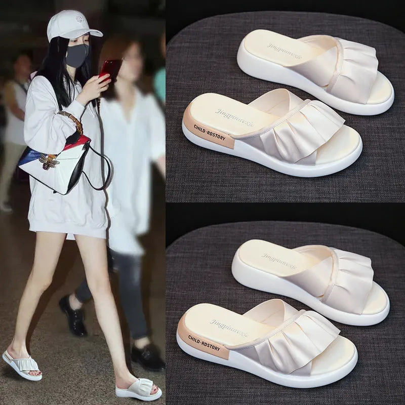 Women's casual sandals with waterproof platform, silk upper, and middle heel in beige colour