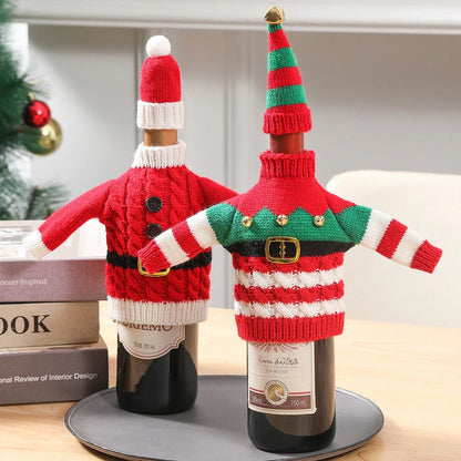 Festive knitted wine bottle covers in red and green stripes and red belt designs, perfect for Christmas and holiday decor